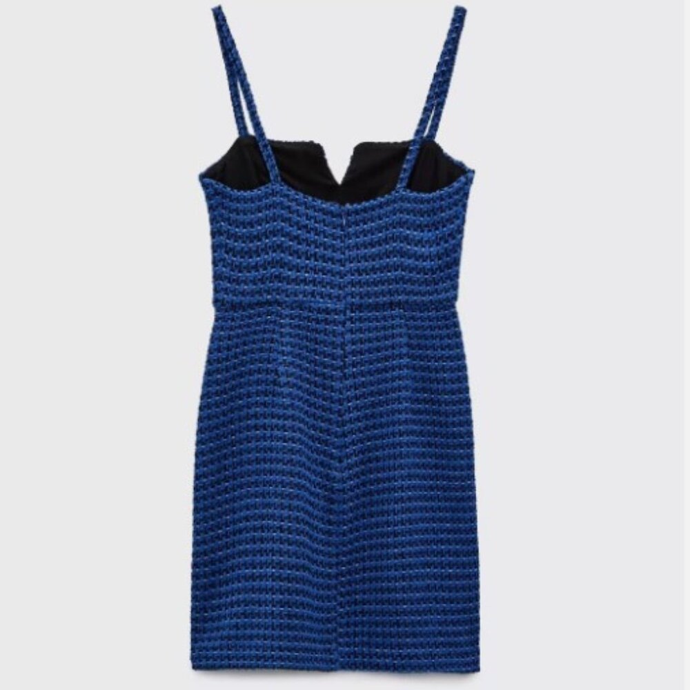 ZARA Blue Tweed Textured Mini Dress With Straps (Size M) - Picture 5 of 6